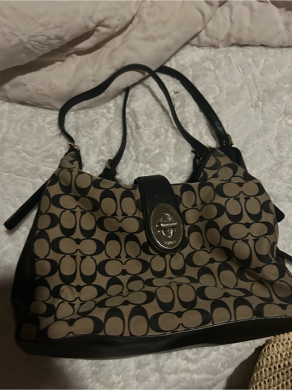 Coach Canvas Shoulder Bag in Khaki and Black